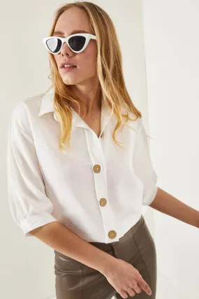 Wooden Buttoned Three Quarter Sleeve Minimalist & Affordable Woman Blouse, Vintage Blouse,Gift For Her, Collar Blouse,Boho Blouse 7