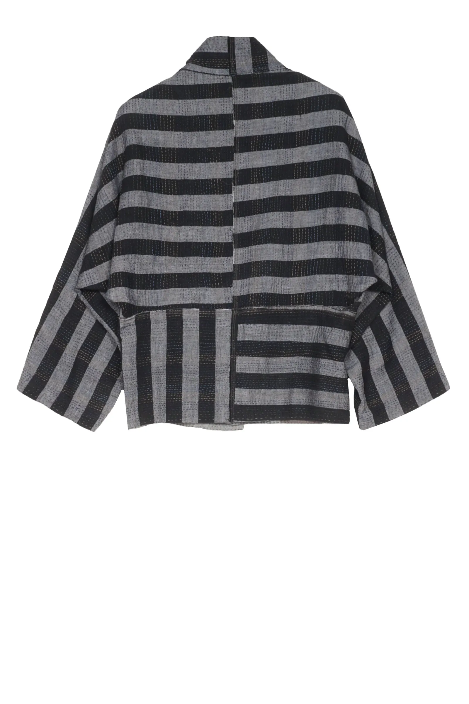 WOVEN STRIPE FRAYED PATCH BACK KANTHA DOLMAN SHORT JKT - wp2015-gry -