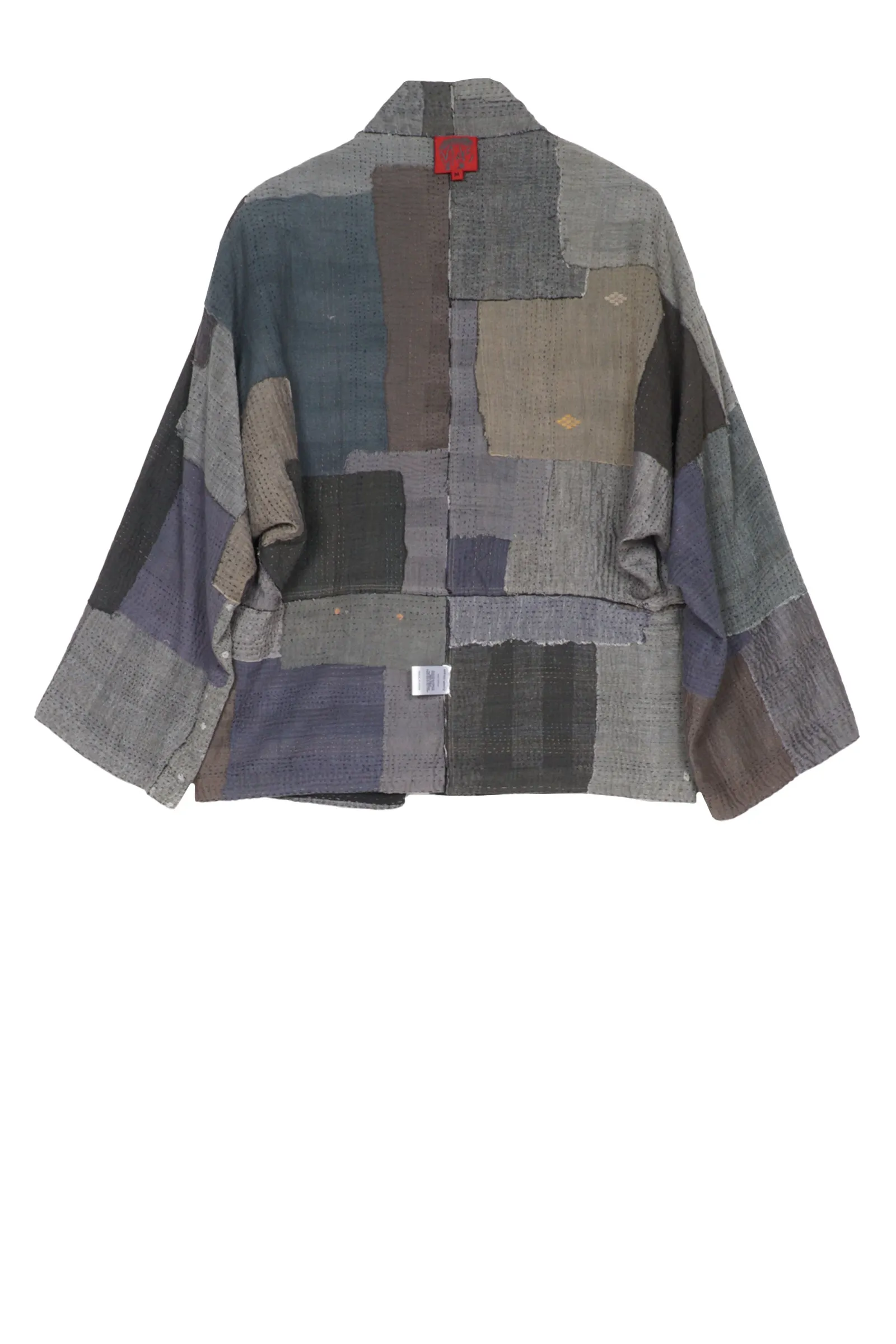 WOVEN STRIPE FRAYED PATCH BACK KANTHA DOLMAN SHORT JKT - wp2015-gry -