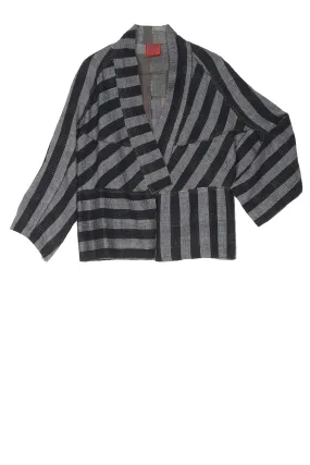 WOVEN STRIPE FRAYED PATCH BACK KANTHA DOLMAN SHORT JKT - wp2015-gry -