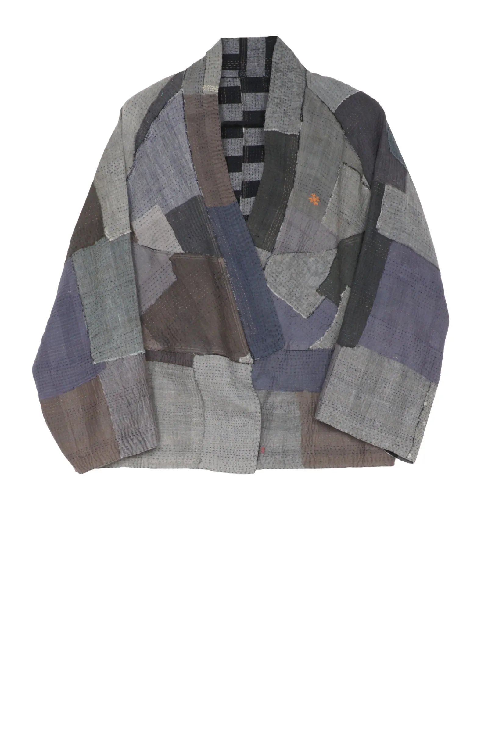 WOVEN STRIPE FRAYED PATCH BACK KANTHA DOLMAN SHORT JKT - wp2015-gry -