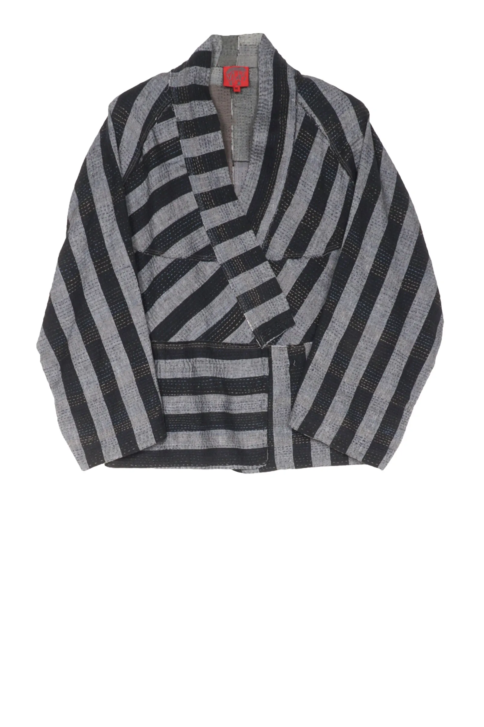 WOVEN STRIPE FRAYED PATCH BACK KANTHA DOLMAN SHORT JKT - wp2015-gry -