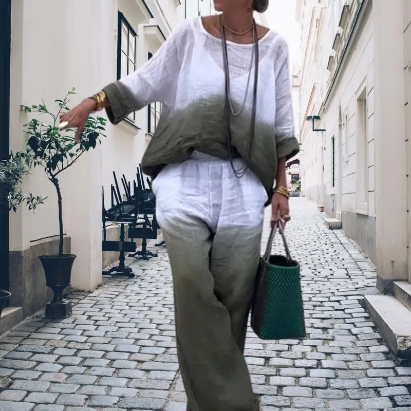ZOCAVIA 2 Piece Cotton Linen Set for Women Summer Long Sleeve Straight Wide Leg Pants Suit Gradient Color Trouser with Pocket