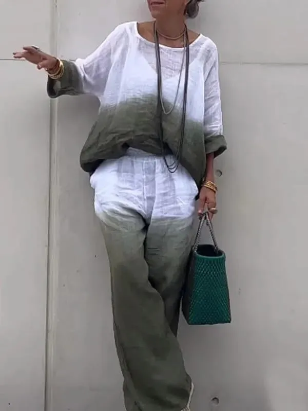 ZOCAVIA 2 Piece Cotton Linen Set for Women Summer Long Sleeve Straight Wide Leg Pants Suit Gradient Color Trouser with Pocket