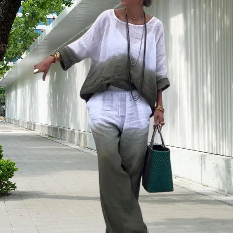 ZOCAVIA 2 Piece Cotton Linen Set for Women Summer Long Sleeve Straight Wide Leg Pants Suit Gradient Color Trouser with Pocket