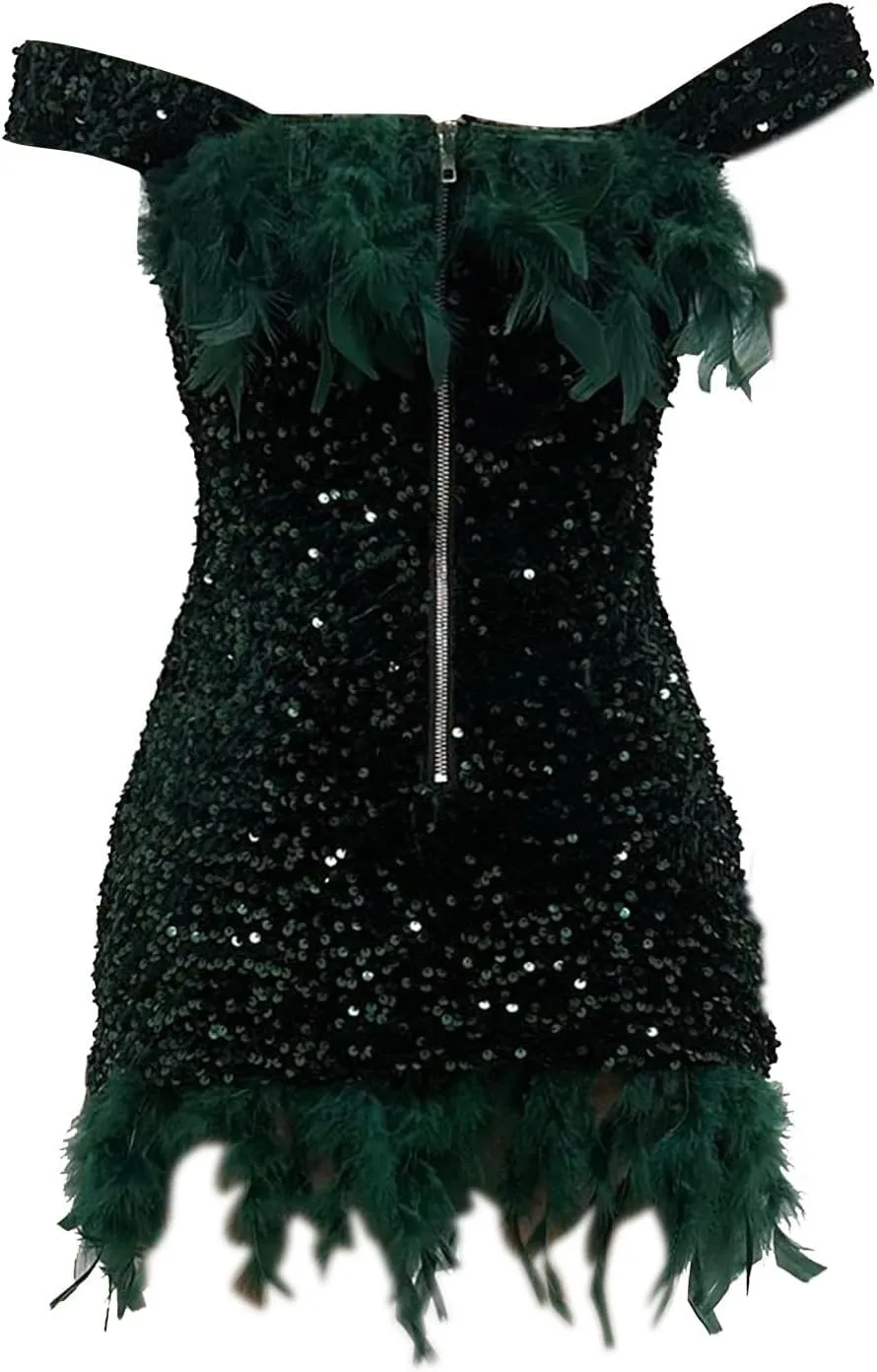 ZYXTIM Women's Dance Dress Rhinestone Sequins Tassel Latin Salsa Ballroom Dress Off Shoulder Flapper Party Dress Plus Size